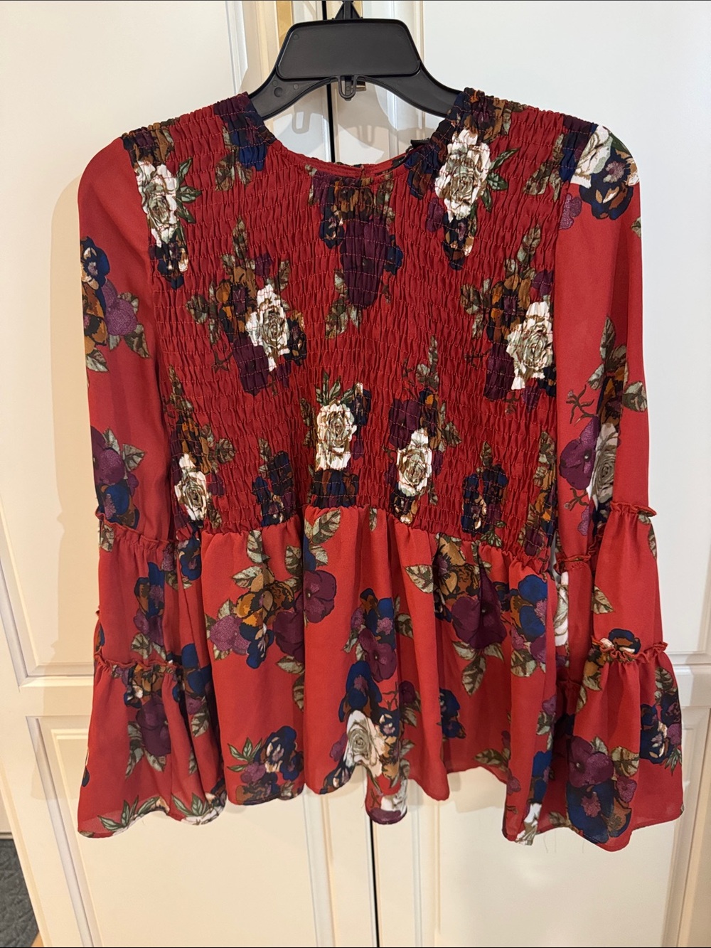 Red Floral Smocked Peplum Blouse with Bell Sleeves